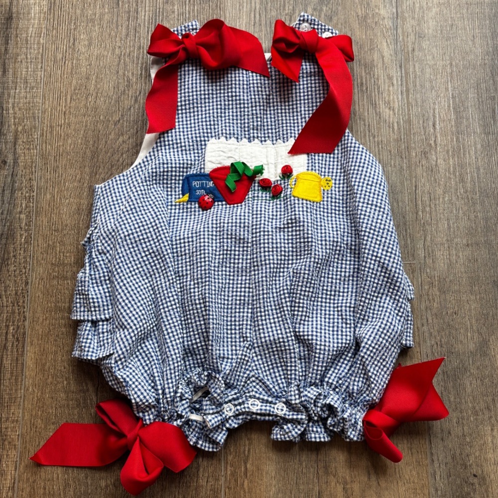 The Bailey Boys Blue Gingham Garden Applique Ruffle Bubble Romper 12M USA